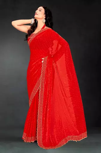 Red color fendy silk blend two tone zarkan & cutdana work border fendy silk blend two tone saree with blouse