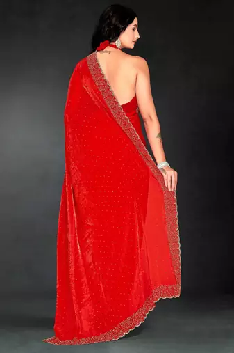 Red color fendy silk blend two tone zarkan & cutdana work border fendy silk blend two tone saree with blouse