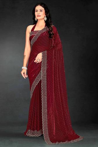 Maroon color fendy silk two tone zarkan & cutdana work border fendy silk two tone saree with blouse