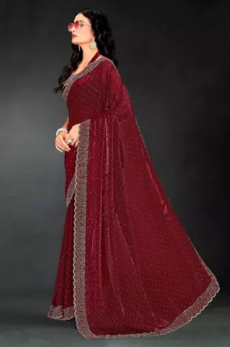 Maroon color fendy silk blend two tone zarkan & cutdana work border fendy silk blend two tone saree with blouse