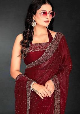 Maroon color fendy silk blend two tone zarkan & cutdana work border fendy silk blend two tone saree with blouse 4