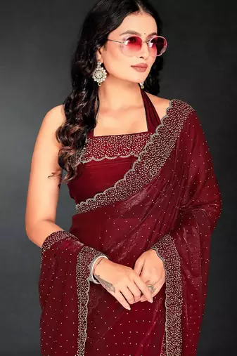 Maroon color fendy silk blend two tone zarkan & cutdana work border fendy silk blend two tone saree with blouse