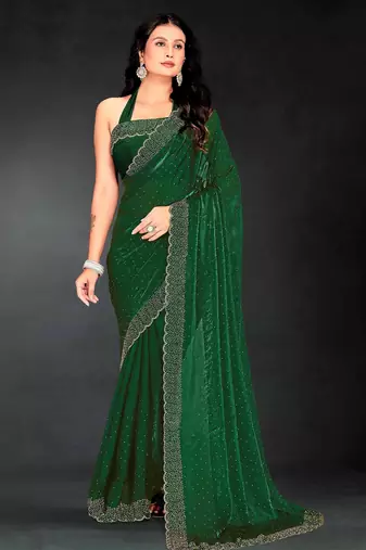 B green color fendy silk two tone zarkan & cutdana work border fendy silk two tone saree with blouse