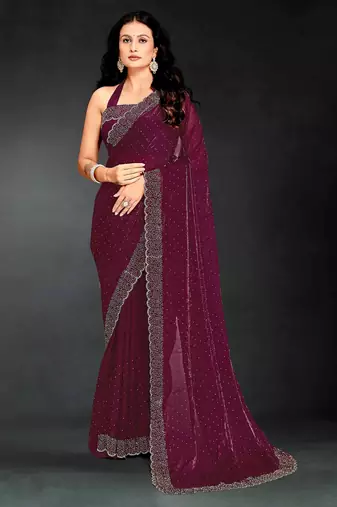 Wine color fendy silk two tone zarkan & cutdana work border fendy silk two tone saree with blouse