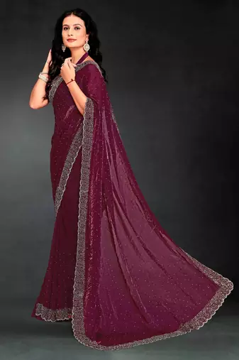 Wine color fendy silk blend two tone zarkan & cutdana work border fendy silk blend two tone saree with blouse