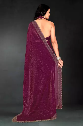 Wine color fendy silk blend two tone zarkan & cutdana work border fendy silk blend two tone saree with blouse