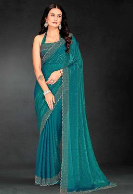 Firozi color fendy silk blend two tone zarkan & cutdana work border fendy silk blend two tone saree with blouse 1