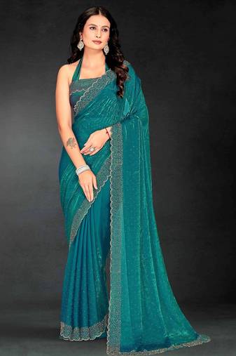 Firozi color fendy silk two tone zarkan & cutdana work border fendy silk two tone saree with blouse