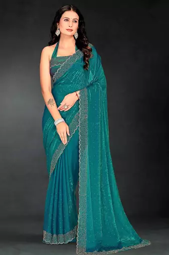 Firozi color fendy silk two tone zarkan & cutdana work border fendy silk two tone saree with blouse
