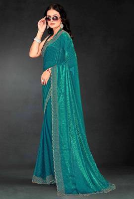 Firozi color fendy silk blend two tone zarkan & cutdana work border fendy silk blend two tone saree with blouse 2