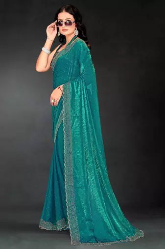 Firozi color fendy silk blend two tone zarkan & cutdana work border fendy silk blend two tone saree with blouse