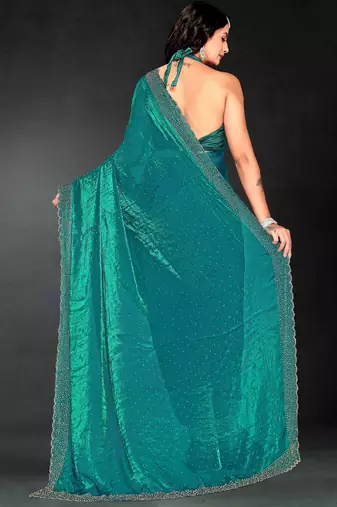 Firozi color fendy silk blend two tone zarkan & cutdana work border fendy silk blend two tone saree with blouse