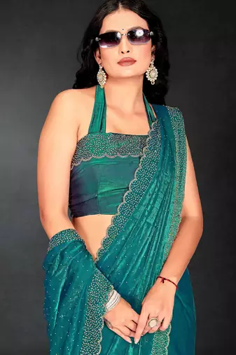 Firozi color fendy silk blend two tone zarkan & cutdana work border fendy silk blend two tone saree with blouse