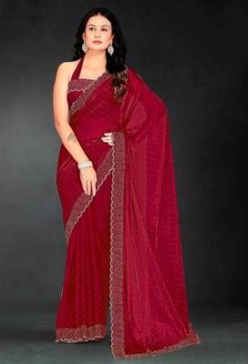 Cherry color fendy silk blend two tone zarkan & cutdana work border fendy silk blend two tone saree with blouse 1