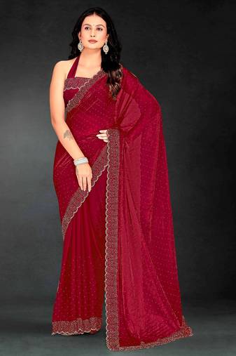 Cherry color fendy silk two tone zarkan & cutdana work border fendy silk two tone saree with blouse