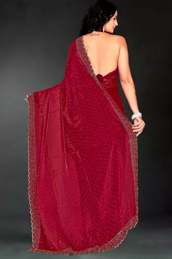 Cherry color fendy silk blend two tone zarkan & cutdana work border fendy silk blend two tone saree with blouse