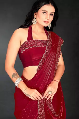 Cherry color fendy silk blend two tone zarkan & cutdana work border fendy silk blend two tone saree with blouse