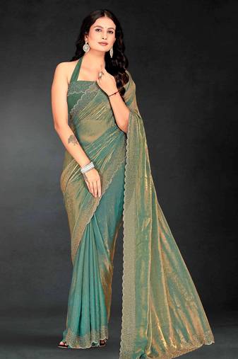 Ice blue color fendy silk two tone zarkan & cutdana work border fendy silk two tone saree with blouse