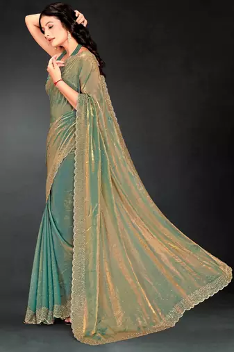 Ice blue color fendy silk blend two tone zarkan & cutdana work border fendy silk blend two tone saree with blouse