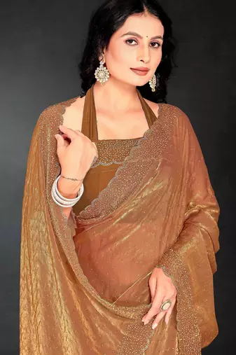 Gold color fendy silk blend two tone zarkan & cutdana work border fendy silk blend two tone saree with blouse