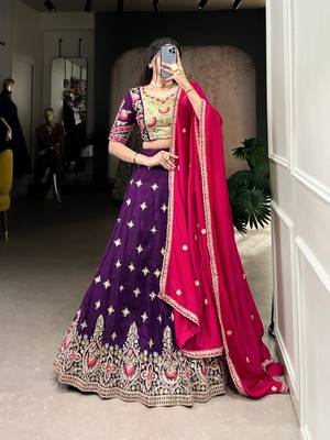 Purple Vichitra Silk Embroidered Lehenga Set 1