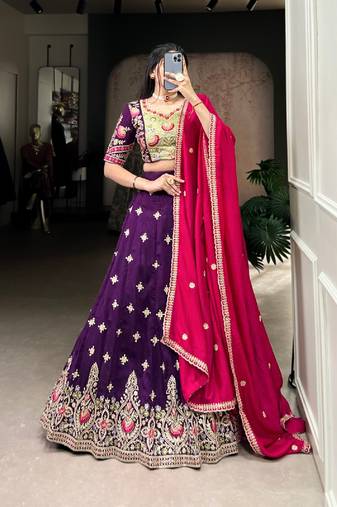 Purple Vichitra Silk Embroidered Designer Lehenga Set