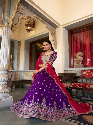 Purple Vichitra Silk Embroidered Lehenga Set 2