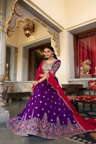 Purple Vichitra Silk Embroidered Lehenga Set