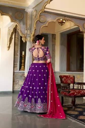 Purple Vichitra Silk Embroidered Lehenga Set
