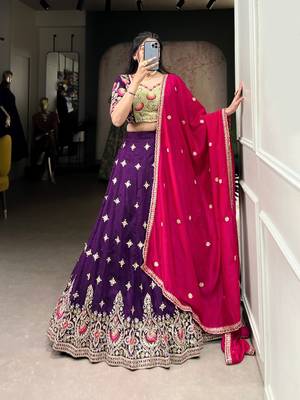 Purple Vichitra Silk Embroidered Lehenga Set 4