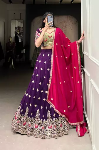 Purple Vichitra Silk Embroidered Lehenga Set