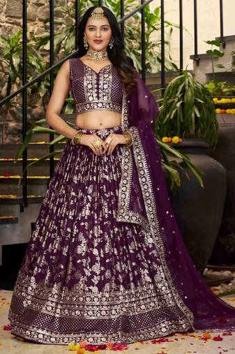 Wine Purple Dola Silk Embroidered Lehenga Set