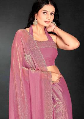Pink color fendy silk blend two tone zarkan & cutdana work border fendy silk blend two tone saree with blouse 3