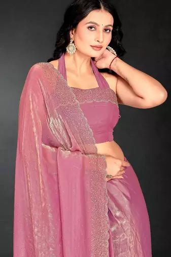 Pink color fendy silk blend two tone zarkan & cutdana work border fendy silk blend two tone saree with blouse
