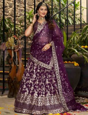 Wine Dola Silk Embroidered Lehenga Set 2