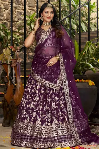Wine Dola Silk Embroidered Lehenga Set