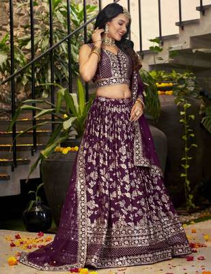 Wine Dola Silk Embroidered Lehenga Set 3