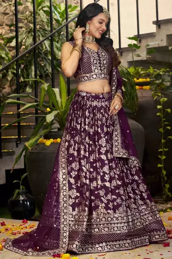 Wine Dola Silk Embroidered Lehenga Set
