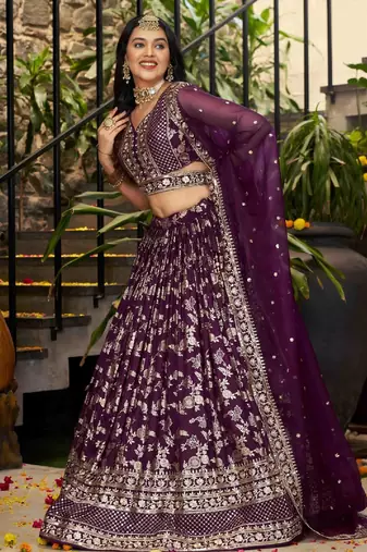 Wine Dola Silk Embroidered Lehenga Set