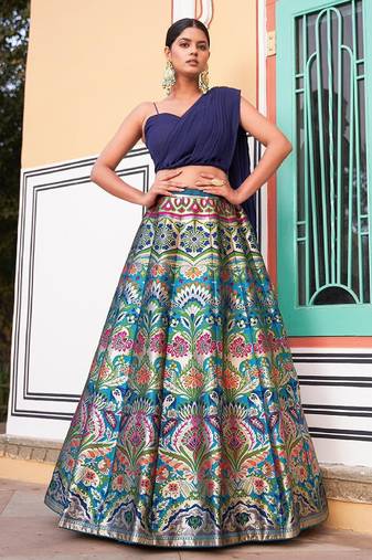 Banarasi Silk Lehenga Set with Zari Weaving & Stitched Blouse-Dupatta