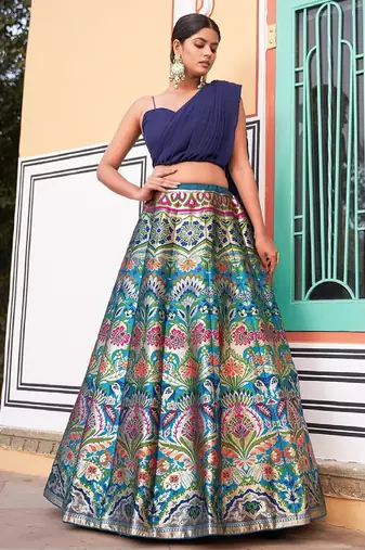 Banarasi Silk Lehenga Set with Zari Weaving & Stitched Blouse-Dupatta