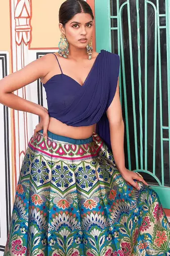 Banarasi Silk Lehenga Set with Zari Weaving & Stitched Blouse-Dupatta