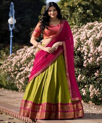 Olive Green & Pink Art-Silk Contrast Lehenga Set 1
