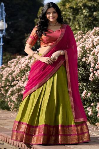 Olive Green & Pink Art-Silk Contrast Lehenga Set