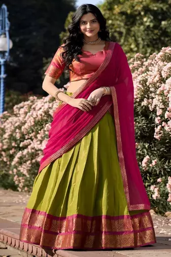 Olive Green & Pink Art-Silk Contrast Lehenga Set
