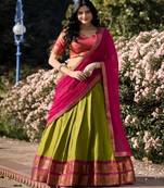 Olive Green & Pink Art-Silk Contrast Lehenga Set