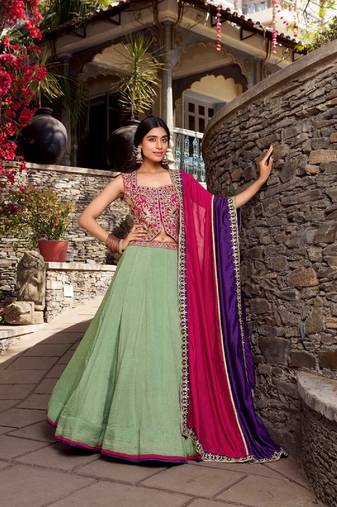 See Green Color Plain With Sequins And Thread Embroidery Work Vichitra Silk Lehenga choli