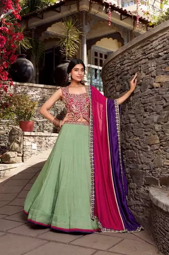 See Green Color Plain With Sequins And Thread Embroidery Work Vichitra Silk Lehenga choli