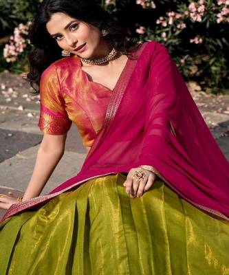 Olive Green & Pink Art-Silk Contrast Lehenga Set 2