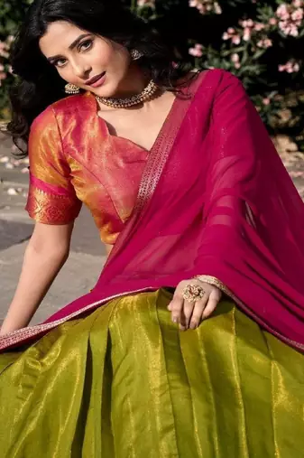 Olive Green & Pink Art-Silk Contrast Lehenga Set